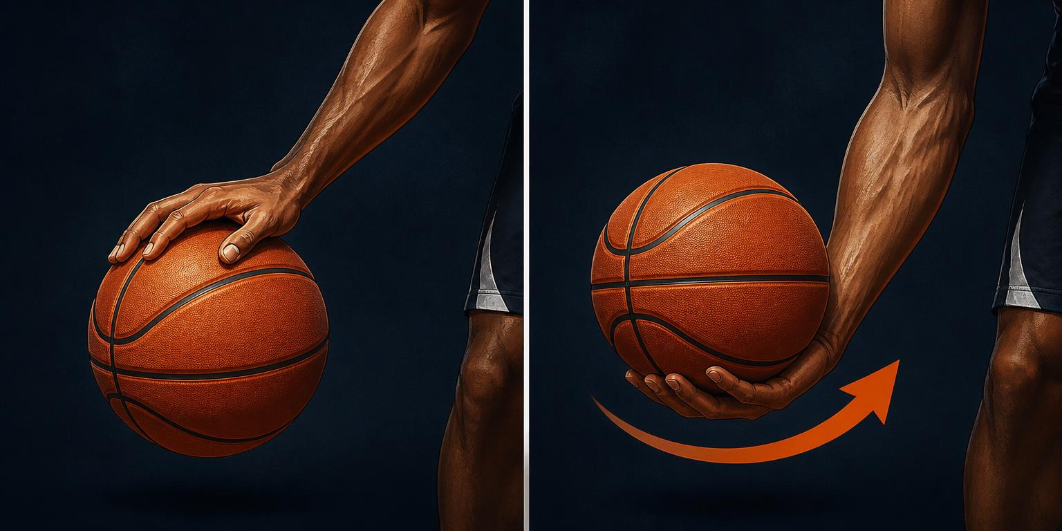 Close-up van hand op de bal: hand bovenop is dribbelen, hand eronder is dragen.