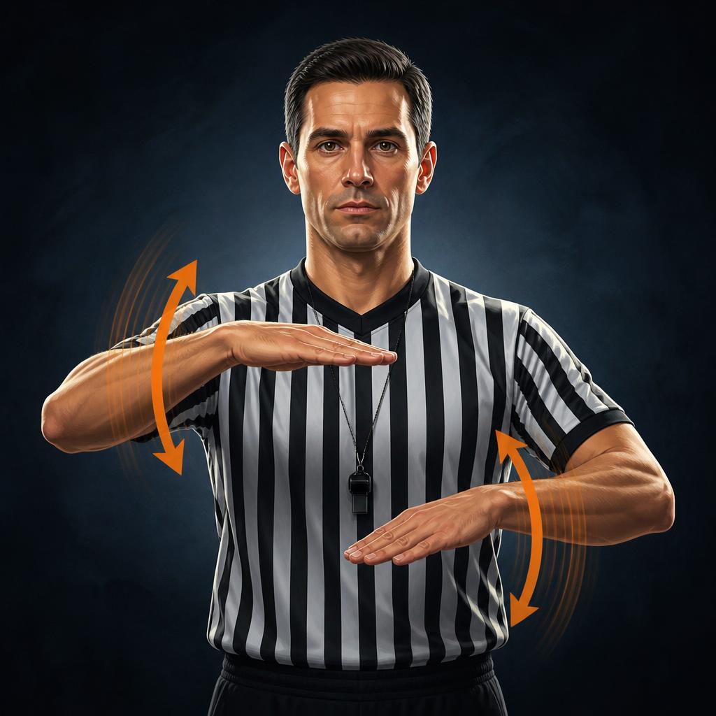 Illegal dribble / double dribble — Scheidsrechter beweegt beide handen om en om op en neer: dubbele dribbel.