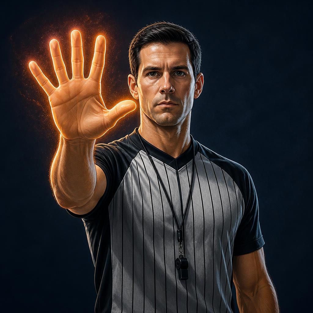 5 seconds — Scheidsrechter toont een open hand met vijf vingers: 5 seconden.