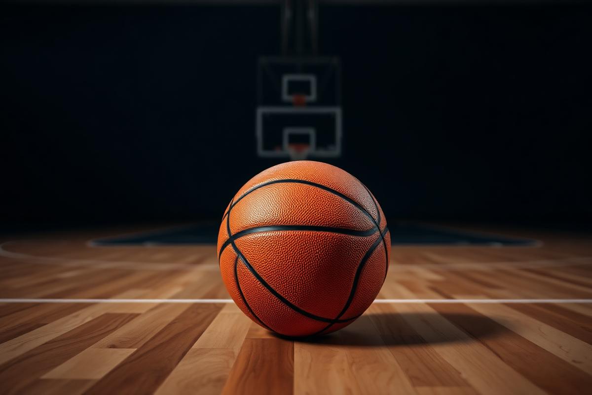 Basketbal op een houten zaalvloer onder het bord