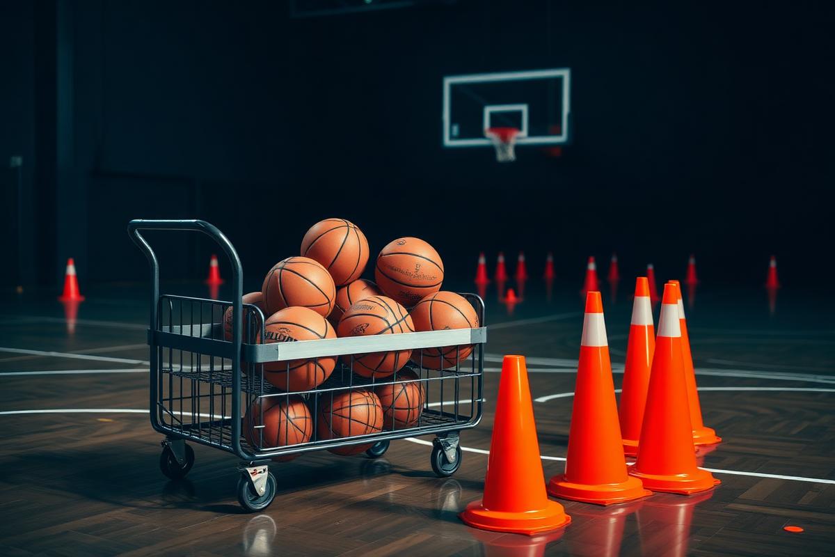 Ballenkar met basketballen en pionnen in een sporthal