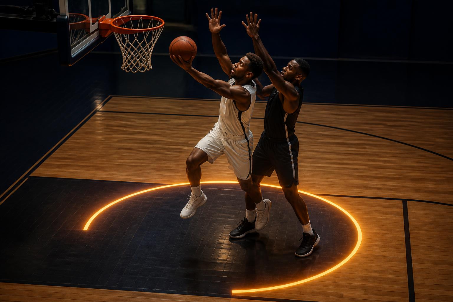 Verdediger staat met beide voeten binnen de halve cirkel onder de basket terwijl de aanvaller aanlegt voor een lay-up.