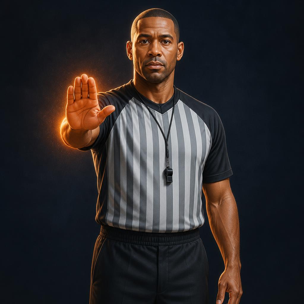 Personal foul (melding bij de tafel) — Scheidsrechter meldt een persoonlijke fout met gestrekte open hand richting de tafel.