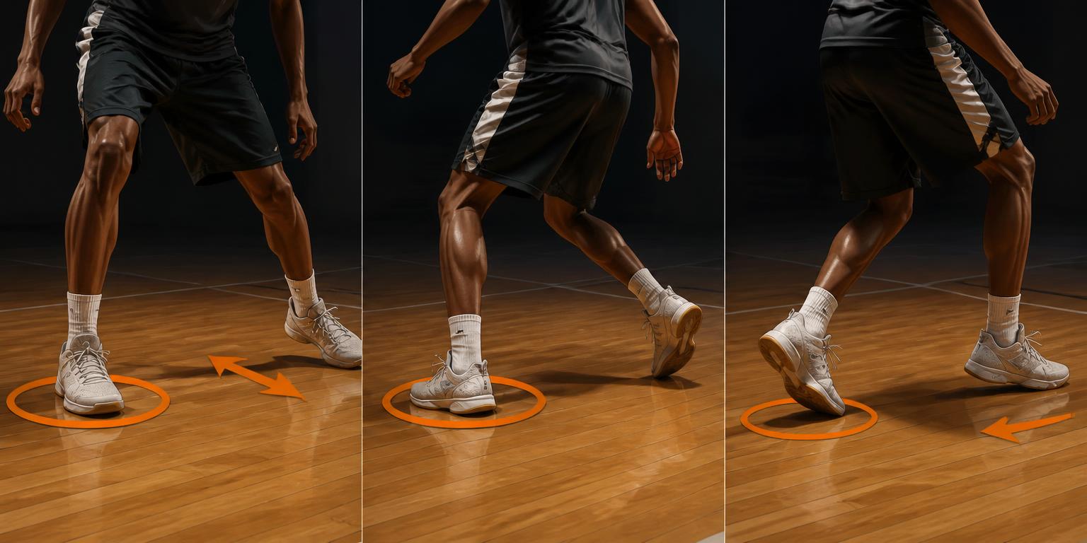Close-up van basketbalschoenen: pivotvoet blijft staan terwijl de andere voet stapt, en tot slot een verschoven pivotvoet als overtreding.