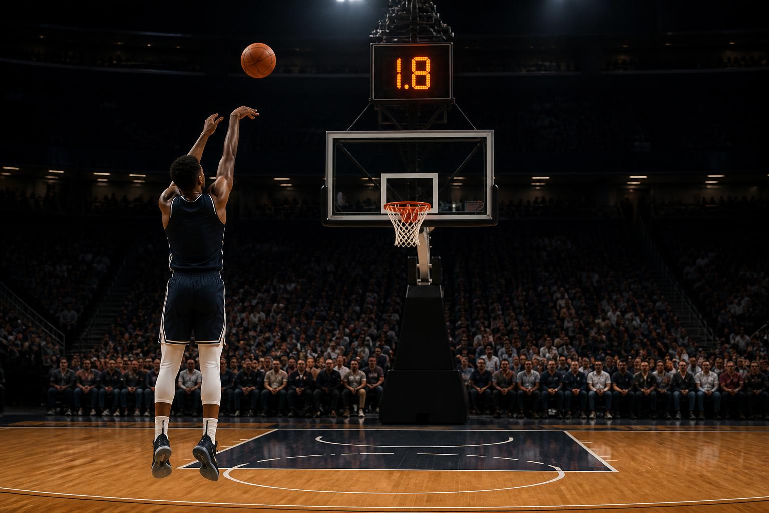 Shotclock boven het bord tijdens een schotpoging: na een offensive rebound gaat de klok naar 14.