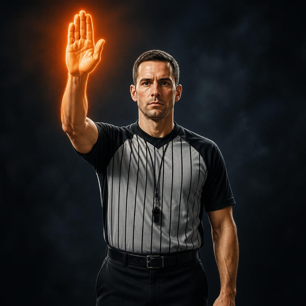 Stop clock — Scheidsrechter steekt één arm gestrekt omhoog met open handpalm: klok stop.