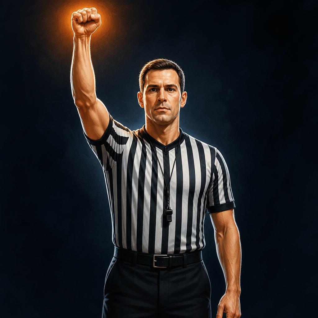 Foul / stop clock for foul — Scheidsrechter steekt één arm omhoog met gebalde vuist: klok stop voor een fout.