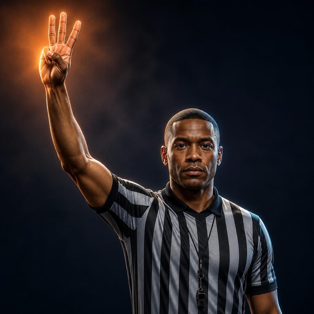 3-point attempt — Scheidsrechter steekt één arm omhoog met drie vingers: poging voor drie punten.