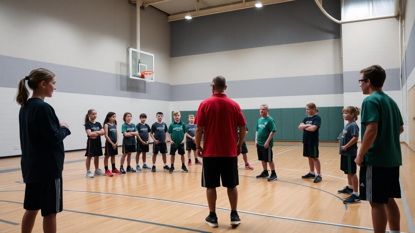 Jeugdcoach geeft uitleg aan een groep spelers in de sporthal
