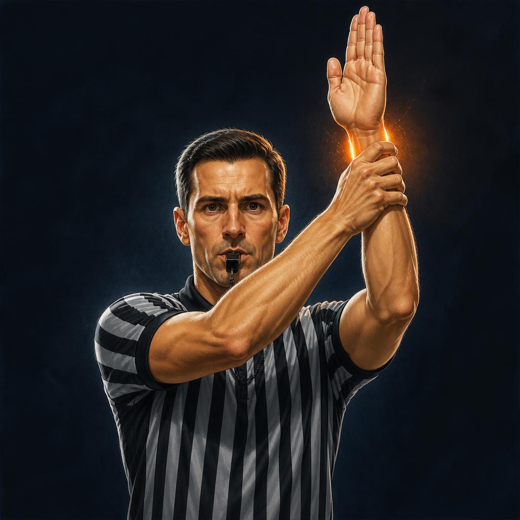 Unsportsmanlike foul — Scheidsrechter grijpt de eigen opgestoken pols vast: onsportieve fout.